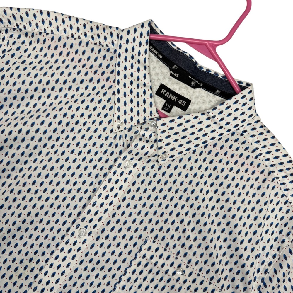 Rank 45 Button Down Shirt Men XXL White Blue Red Geometric Pattern Long Sleeve